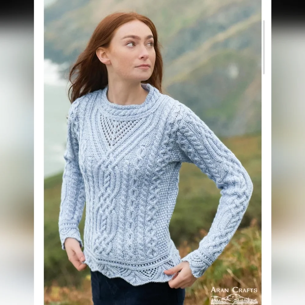 ARAN MOR | Women's Cream/Pink Streedagh Scallop Lace Stich Merino Wool Sweater - Picture 7 of 7